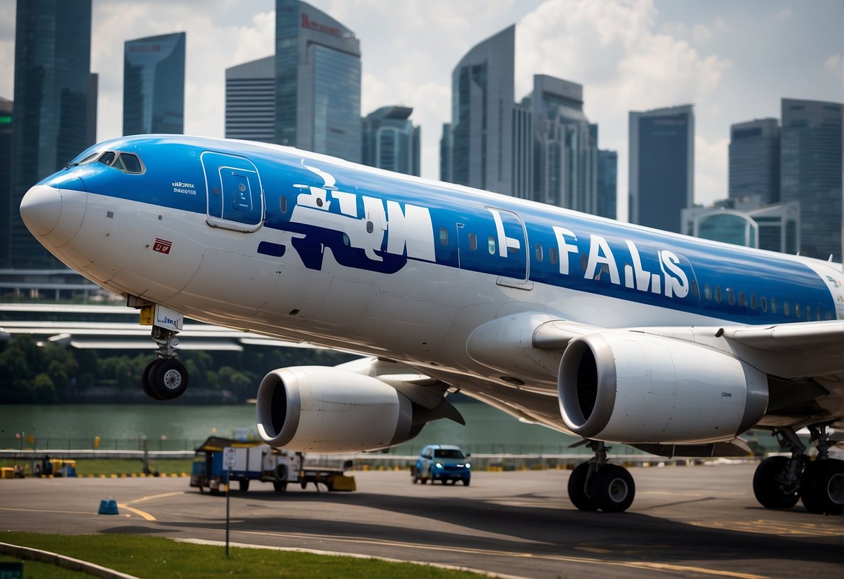 Brightly colored ANA airplanes flying over the Singapore skyline, with "Flash Sales" banners and promotional signs displayed on the aircraft