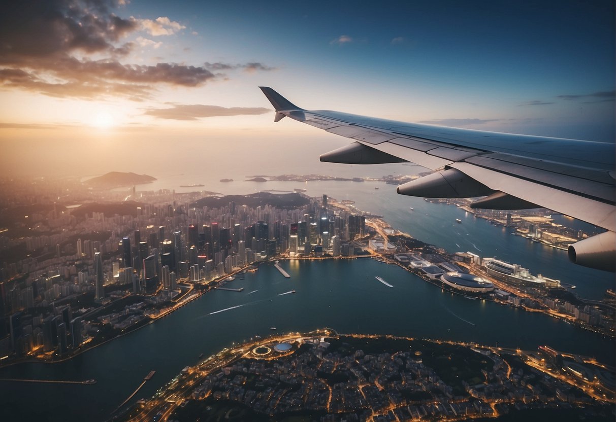 An airplane flies from Singapore to Tokyo over the cityscape and ocean
