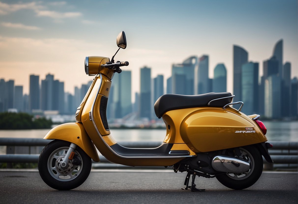 A scooter zooms past a city skyline with promotional banners for travel from Singapore to Osaka, showcasing the idea of saving money through efficient transportation