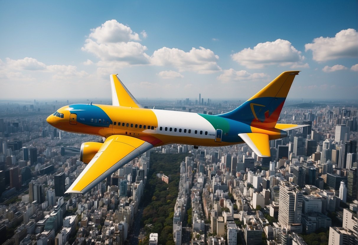 A colorful airplane flying over iconic Tokyo landmarks, with promotional banners and offers displayed in the sky