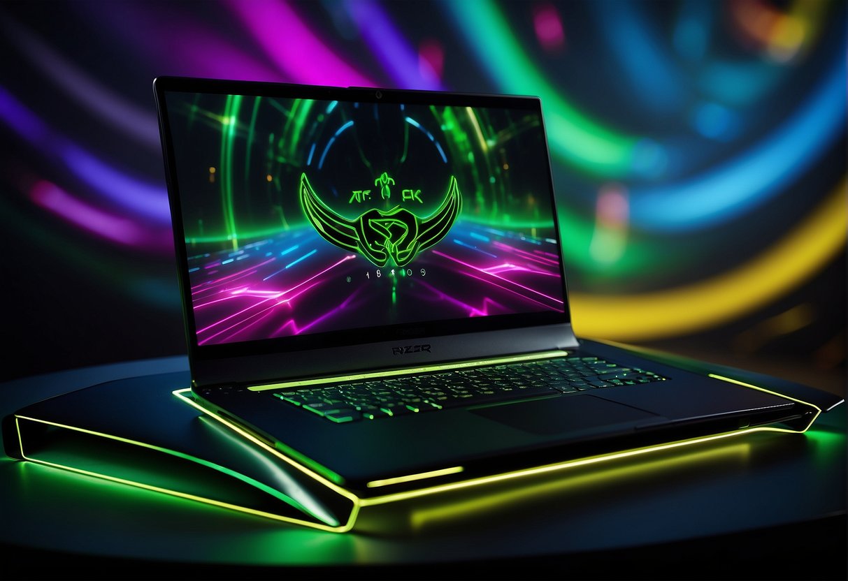 A sleek Razer Blade laptop sits on a futuristic, illuminated display stand. Bold promotional banners and graphics surround the product, creating a dynamic and eye-catching scene