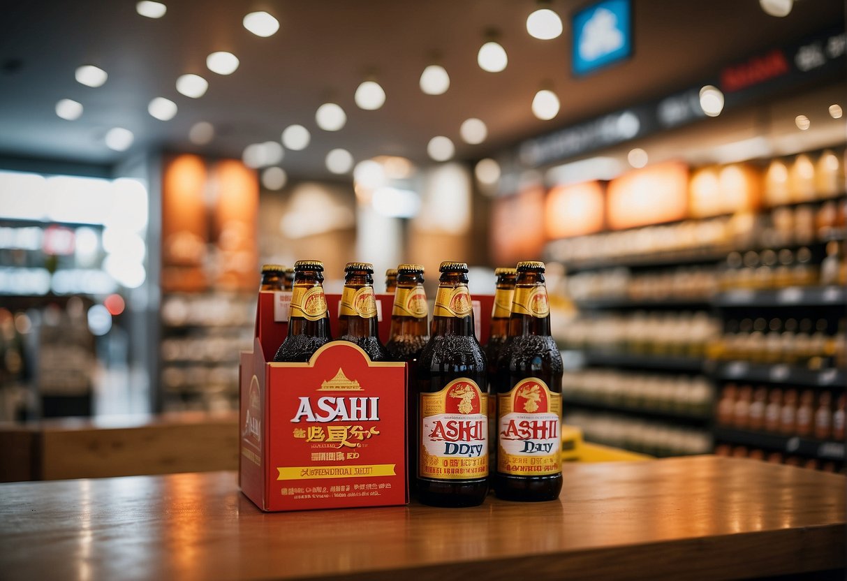 A display of Asahi Super Dry beer with promotional signage in a Singaporean store