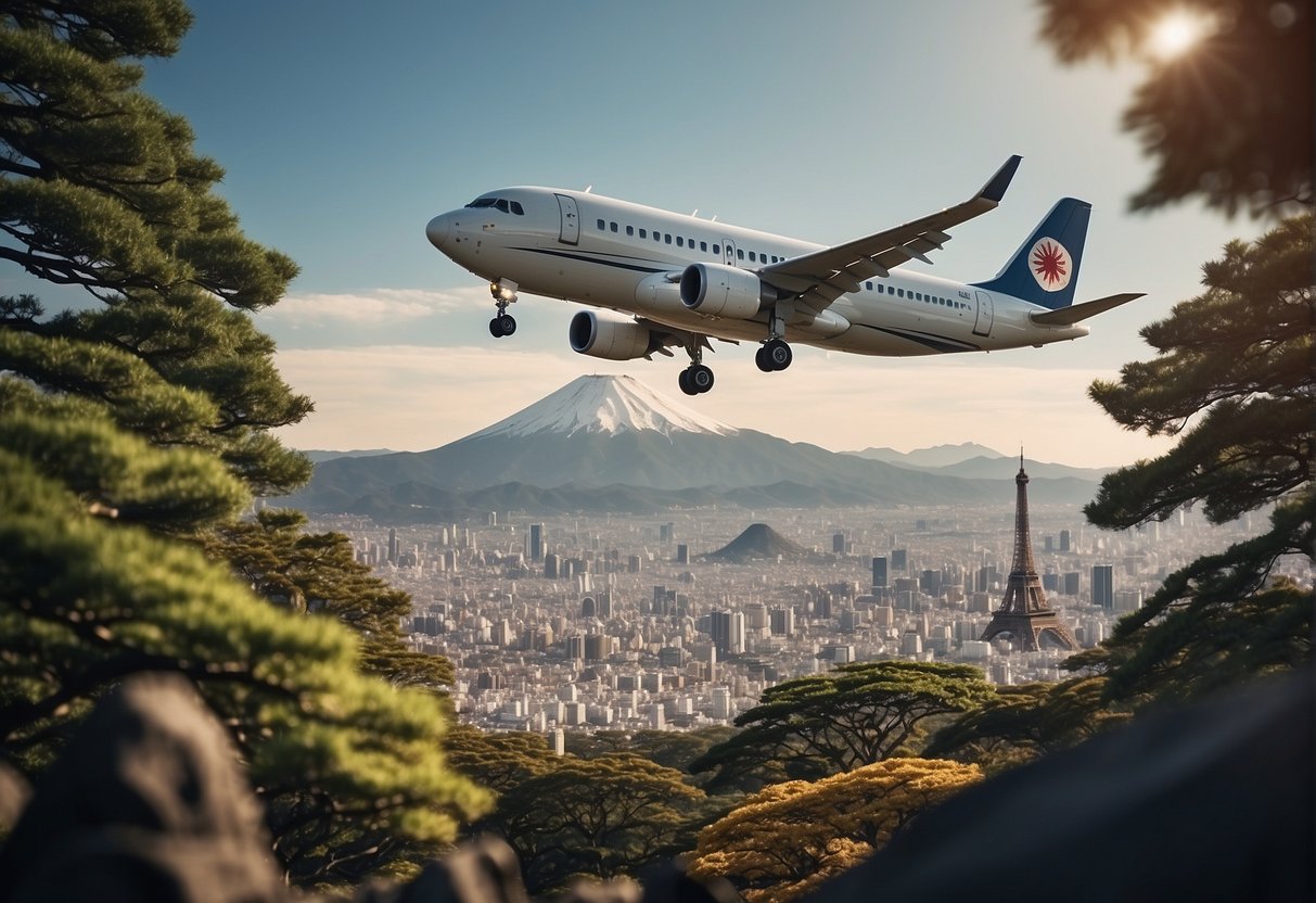 A plane flying over iconic Japanese landmarks with promotional banners for flights to Japan and Tokyo