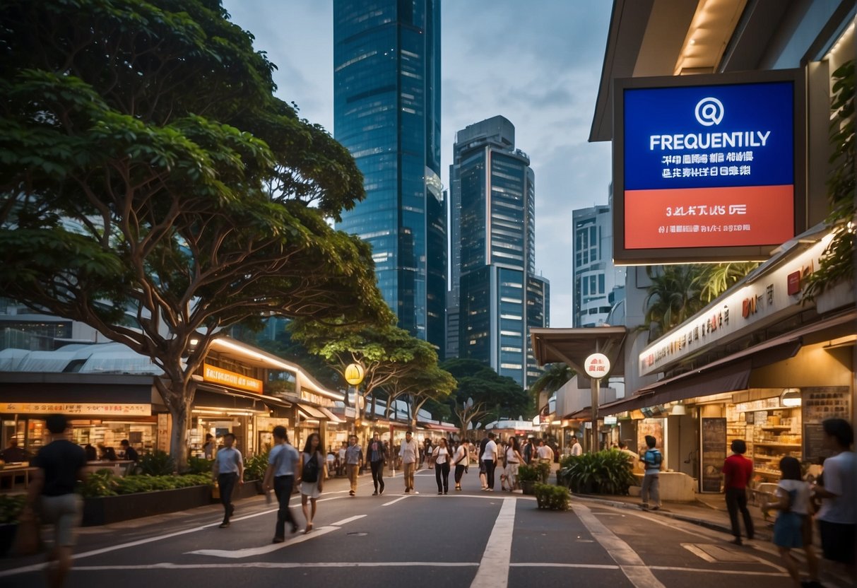 A bustling Singapore street with a prominent sign for "Frequently Asked Questions" and "Promotions" in bold letters. People pass by, some stopping to read the information