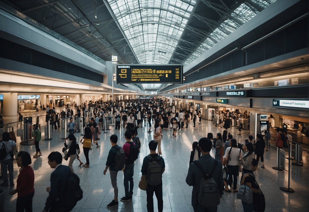 A crowded airport terminal with people lining up at a promotional booth, signs for "Frequently Asked Questions" and "Singapore to Osaka promotions" displayed prominently
