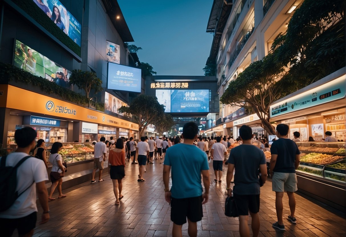 A bustling street in Singapore with prominent ASICS promotions displayed in storefronts and on billboards