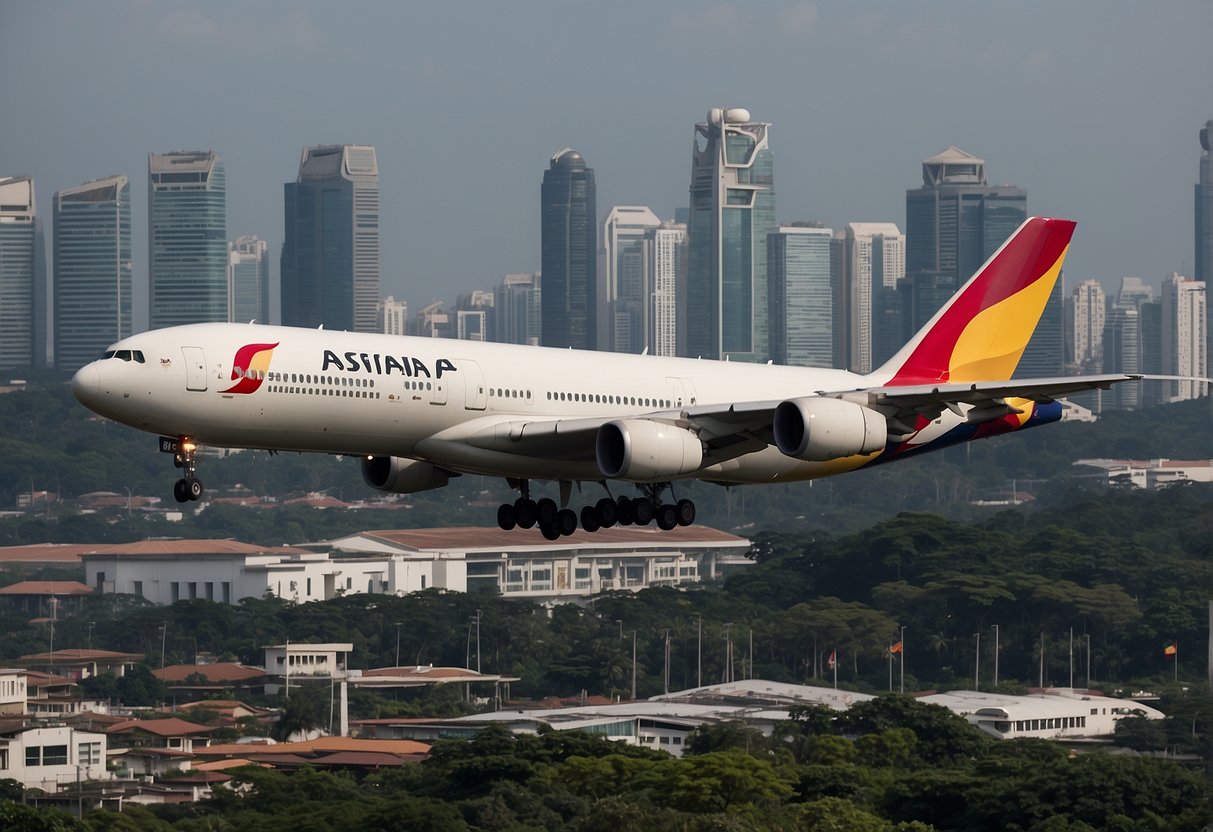 An airplane with the Asiana Airlines logo flying over the skyline of Singapore, with promotional banners and signs visible in the background