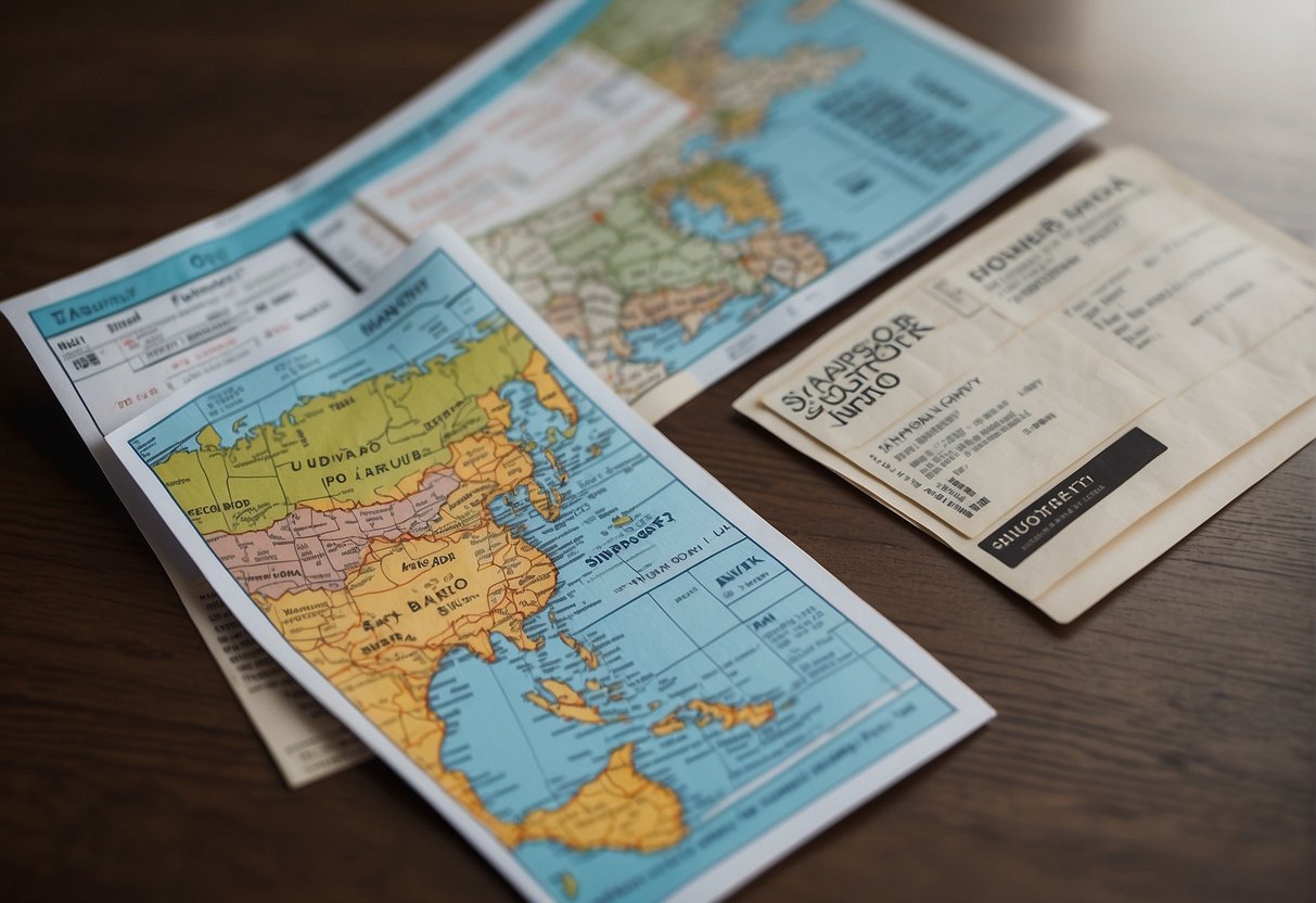 A passport, boarding pass, and a map of Singapore to Tokyo lay on a table with a promotional flyer