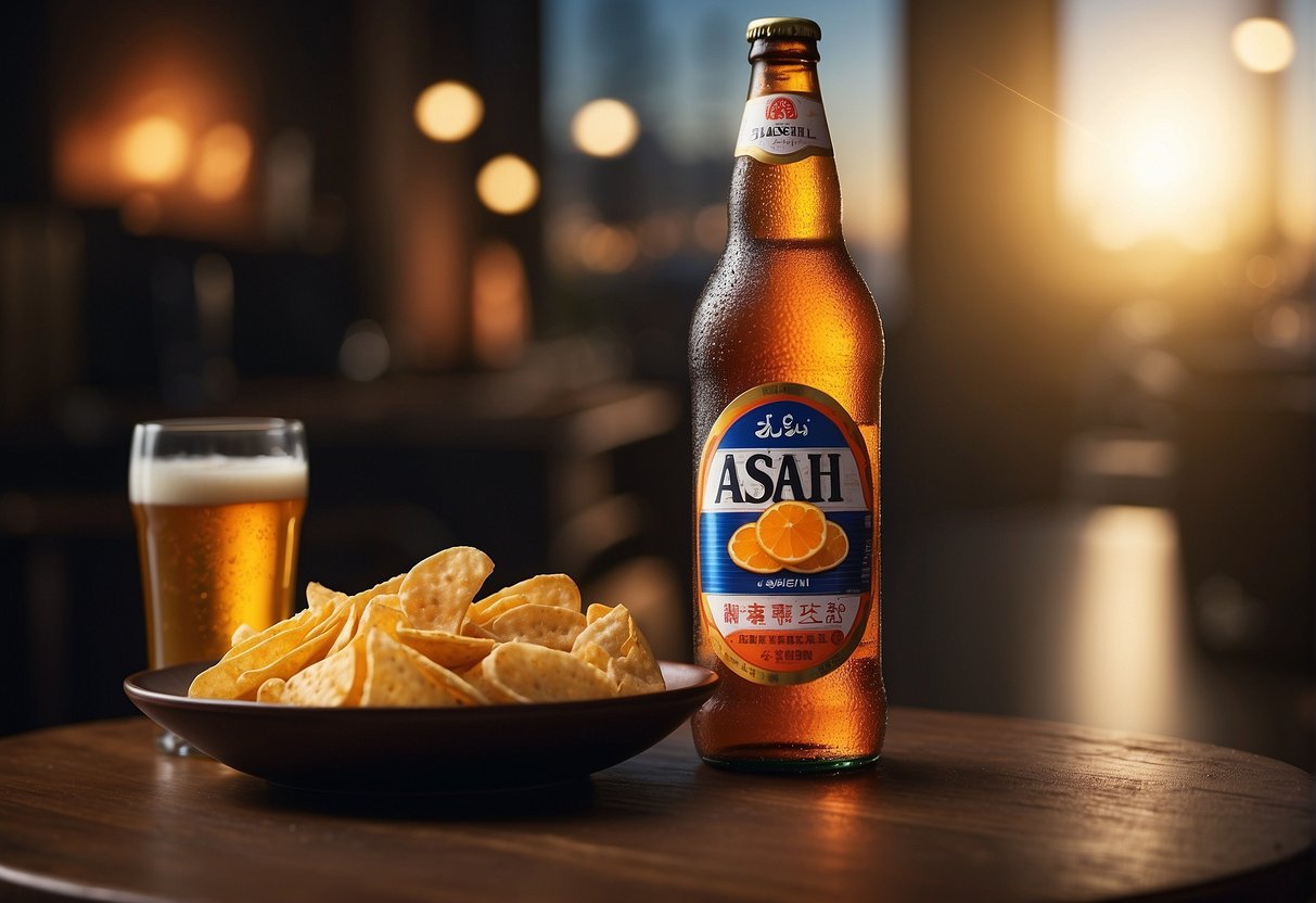 A table with a bottle of Asahi Super Dry, a branded glass, and a plate of Japanese snacks. A banner or poster promoting Asahi beer in the background