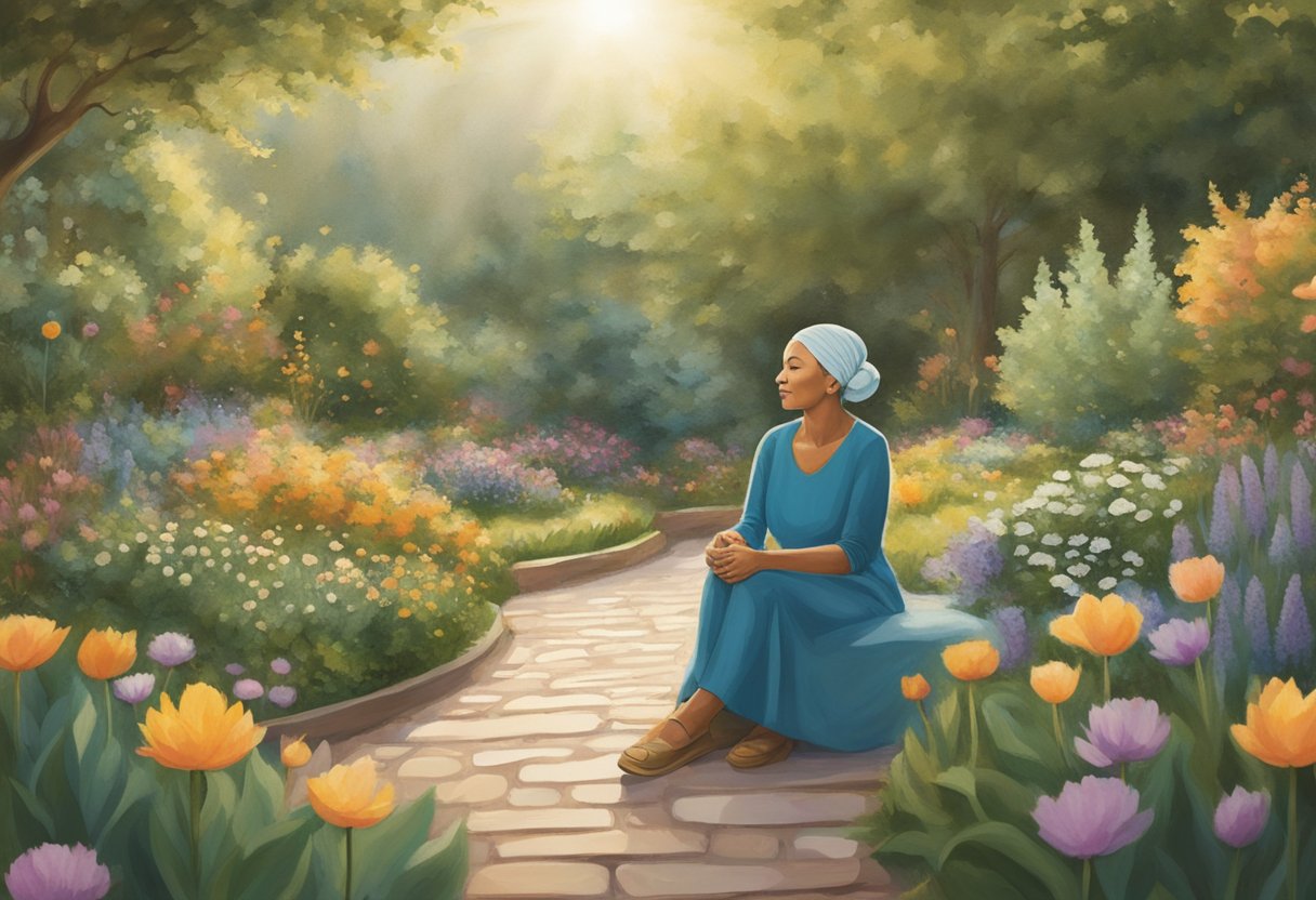 A person sitting in a peaceful garden, surrounded by supportive friends and family, feeling empowered and hopeful in their journey as a cancer thriver