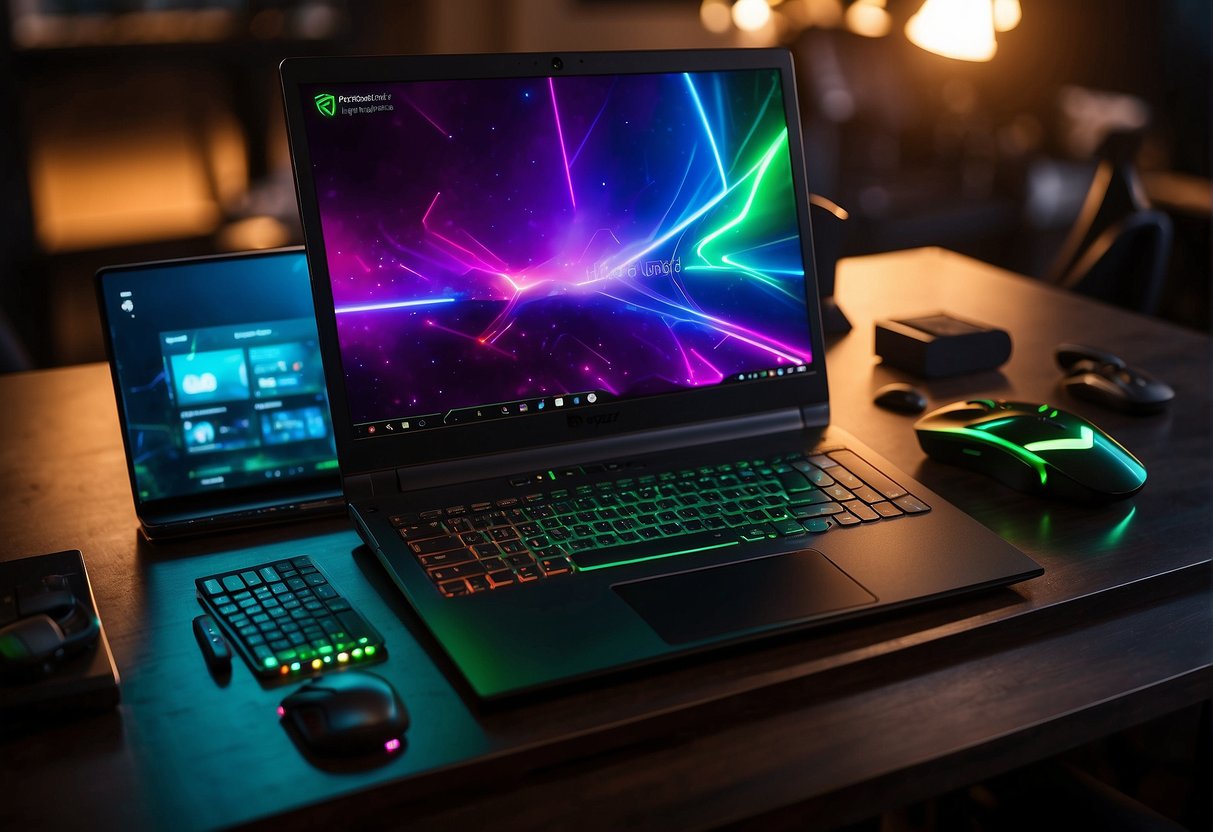 A sleek Razer Blade laptop sits on a desk, surrounded by gaming peripherals. The vibrant RGB lighting creates an immersive gaming atmosphere