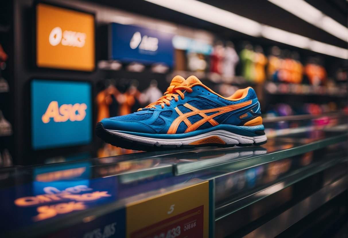A display of colorful Asics sneakers with promotional signs and banners in a busy Singapore store