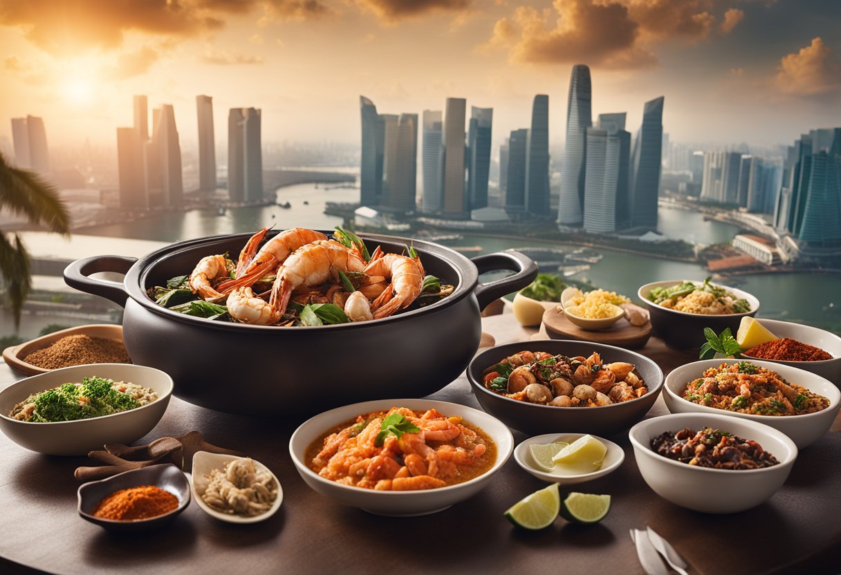 A table set with a steaming pot of cajun-style seafood surrounded by vibrant spices and fresh ingredients, with a backdrop of the Singapore city skyline