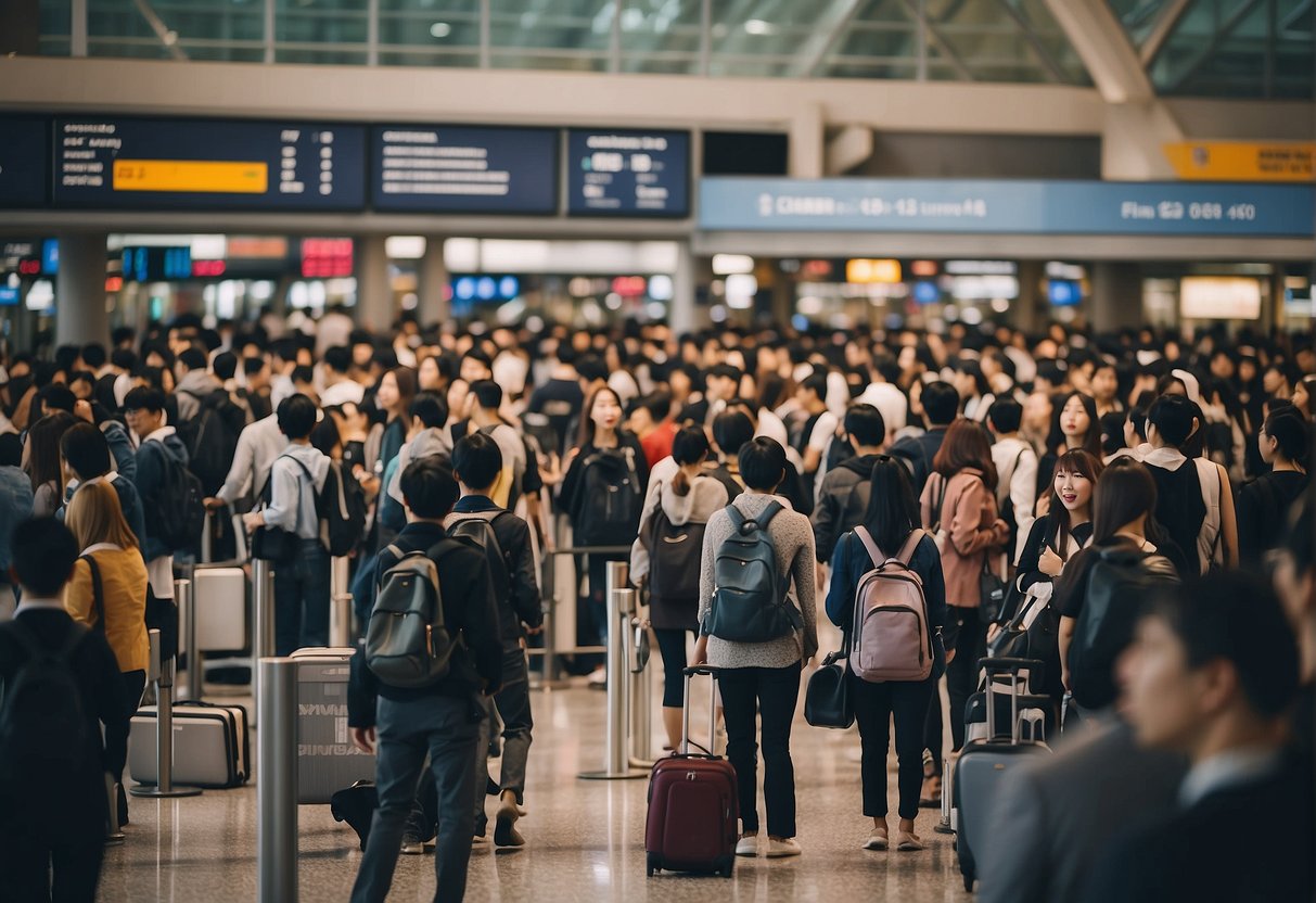 A crowded airport terminal with people lining up at the ticket counters, luggage in hand, and signs promoting flights from Singapore to Tokyo