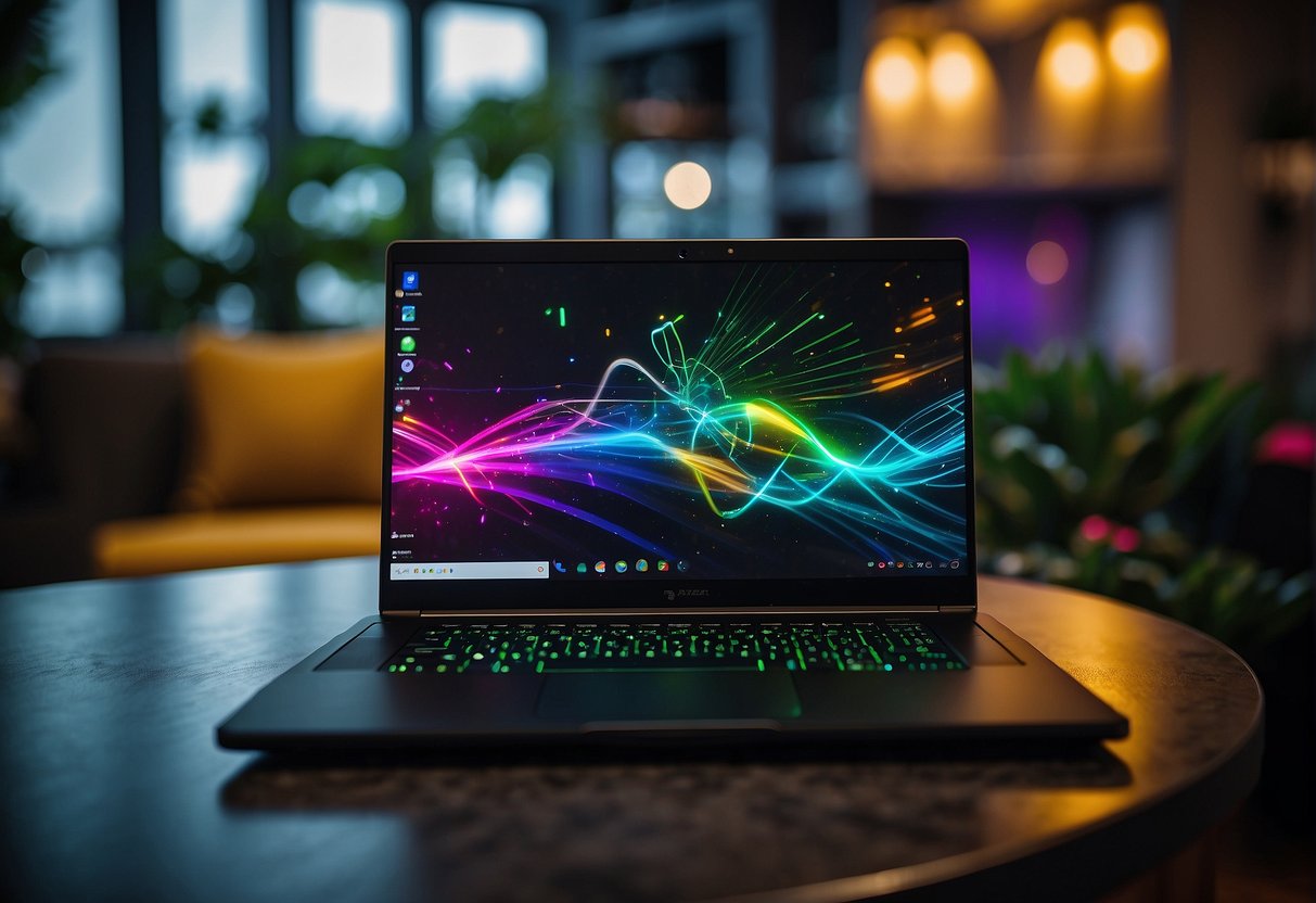 A sleek Razer Blade laptop surrounded by promotional materials in a vibrant Singapore setting