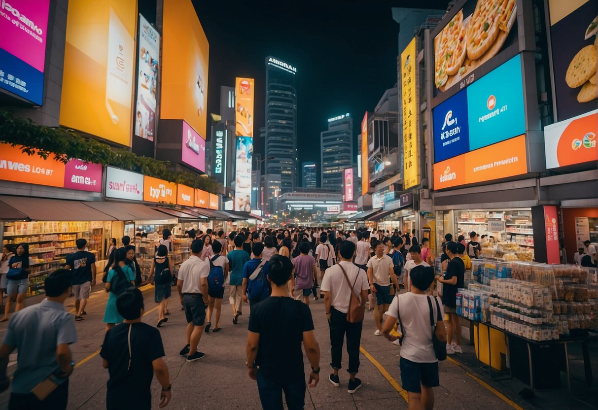 The bustling streets of Singapore are adorned with colorful banners and promotional displays for the popular electronics retailer, Abenson Promotions