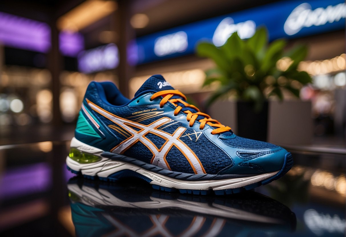 A display of Terms and Loyalty Rewards promotions in a vibrant Singapore setting. The ASICS logo prominently featured in the backdrop