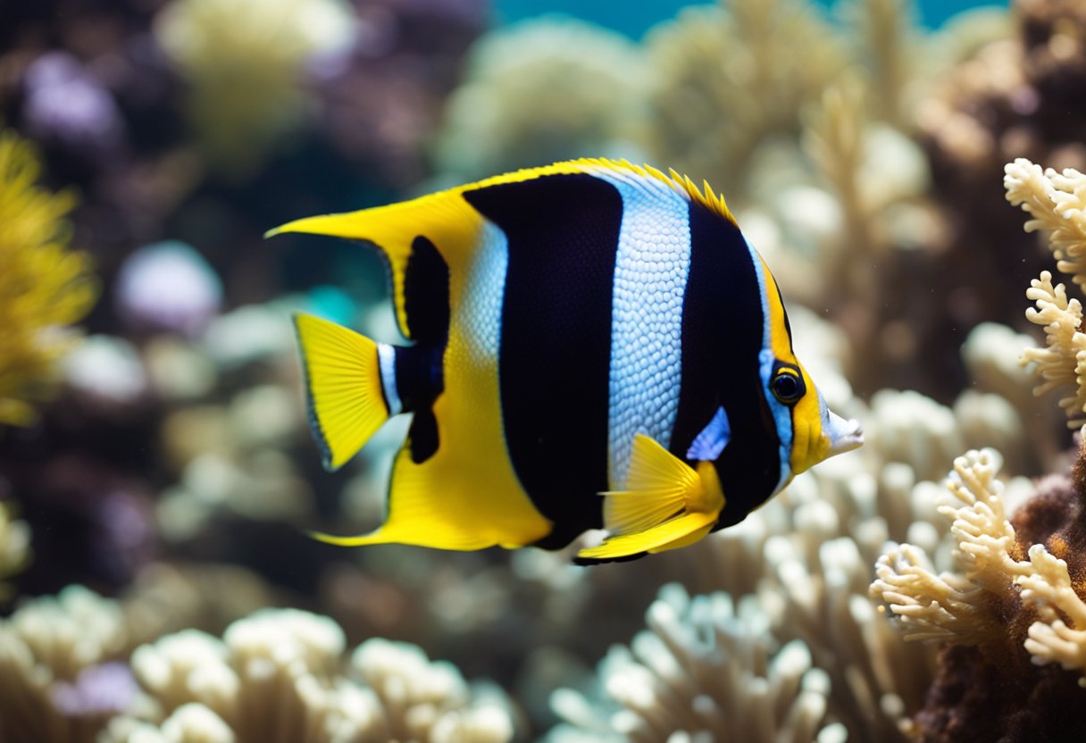 A colorful butterfly fish swims gracefully among vibrant coral reefs in the crystal-clear waters of the tropical ocean
