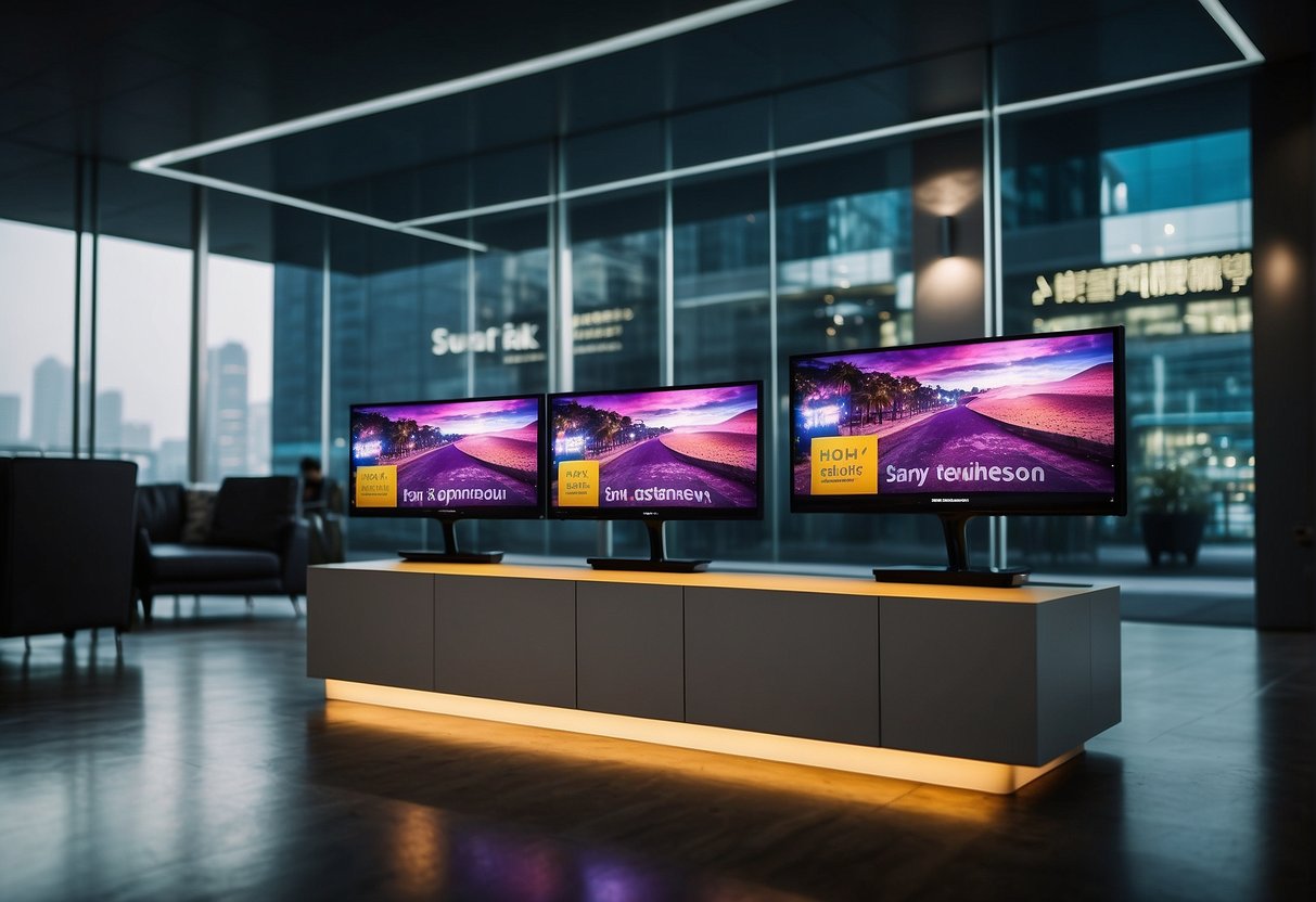 A vibrant display of sleek televisions with promotional banners at Abenson in Singapore