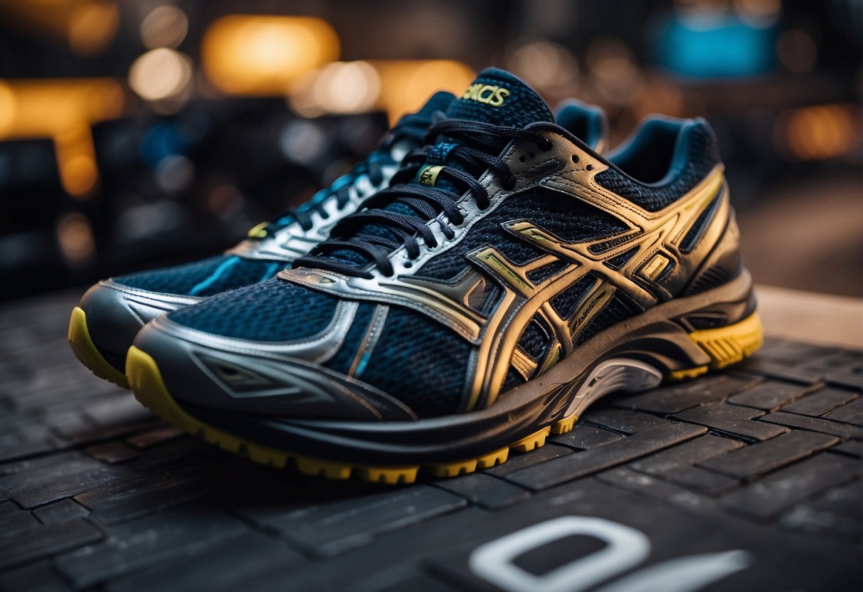 A stack of FAQ cards with Asics promotions displayed, surrounded by running shoes and sports gear