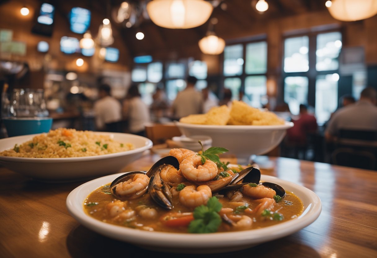 A bustling Cajun seafood restaurant with colorful decor, steaming pots of gumbo, and lively music filling the air