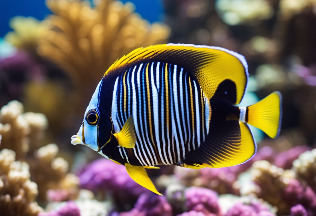 A butterfly fish swims gracefully among vibrant coral reefs, its elongated body adorned with striking patterns and colors