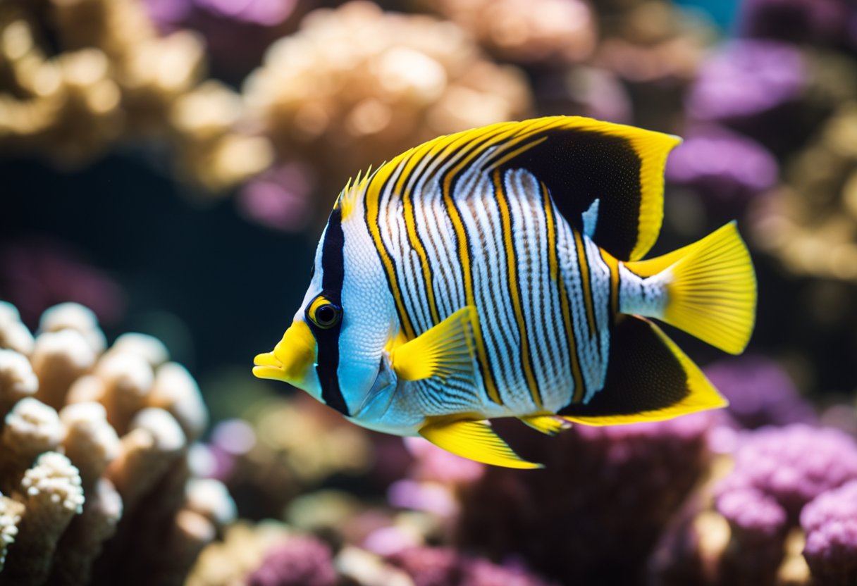 A vibrant butterfly fish swims among coral reefs, displaying its distinct patterns and colors