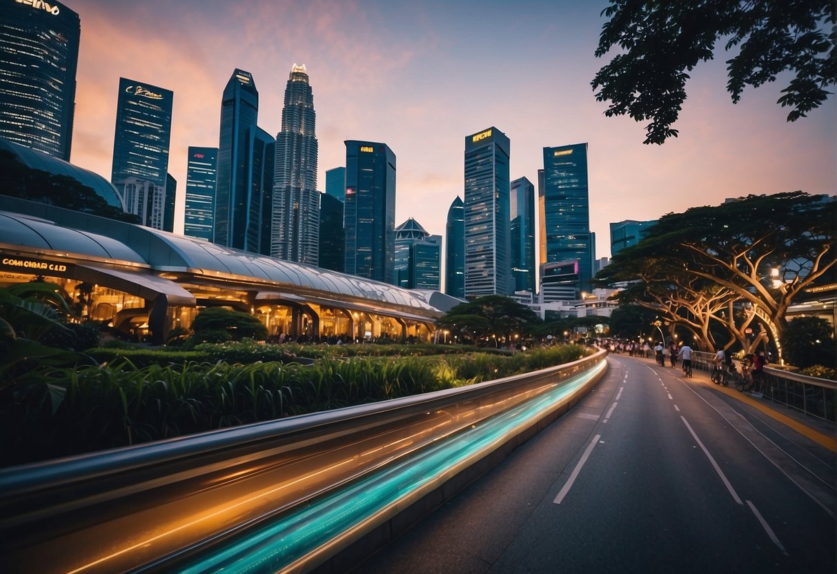 A vibrant cityscape of Singapore with iconic landmarks and bustling streets, showcasing the energy and excitement of Avent promotions