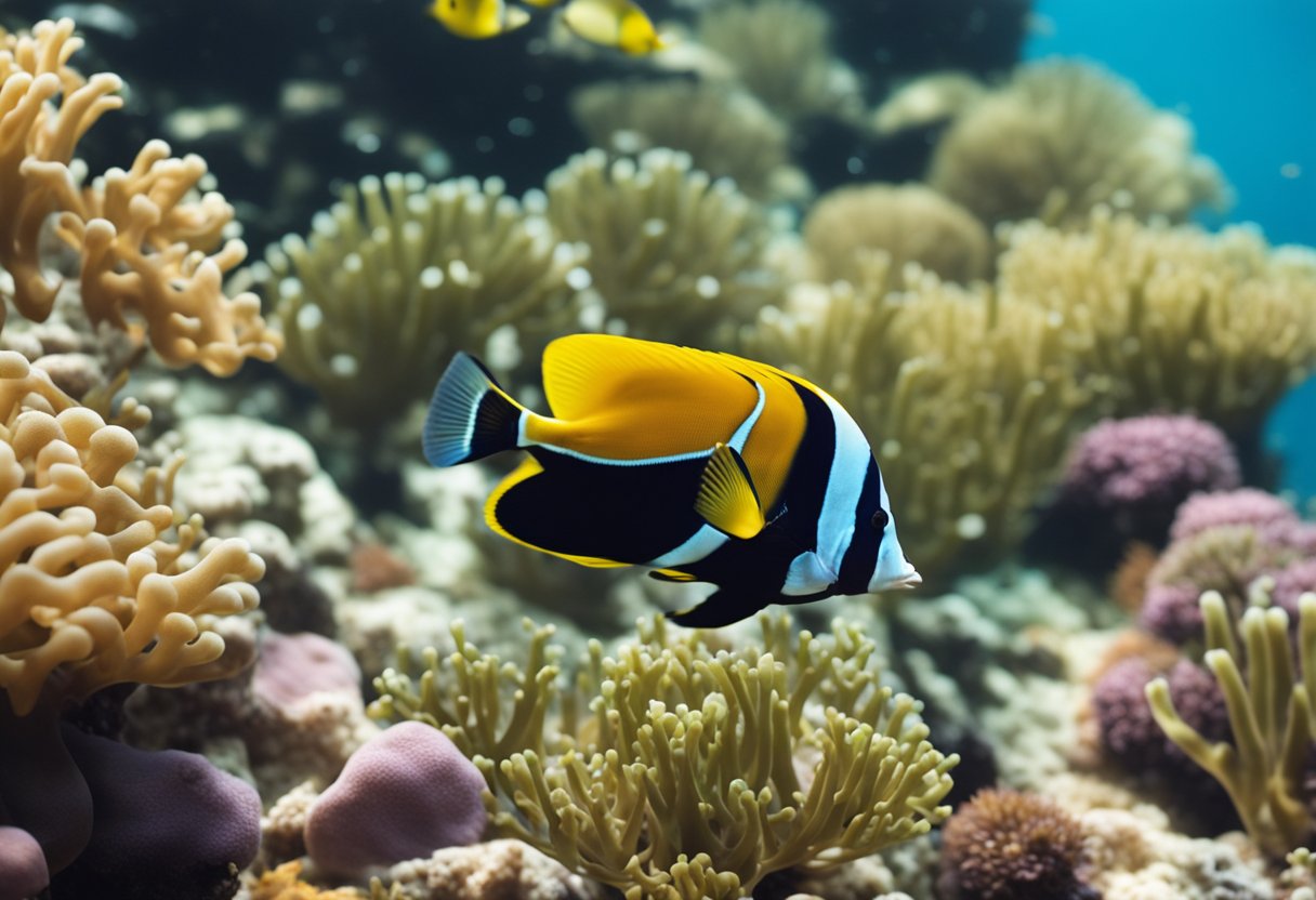 A colorful butterfly fish swimming among coral and sea anemones, with other marine life in the background