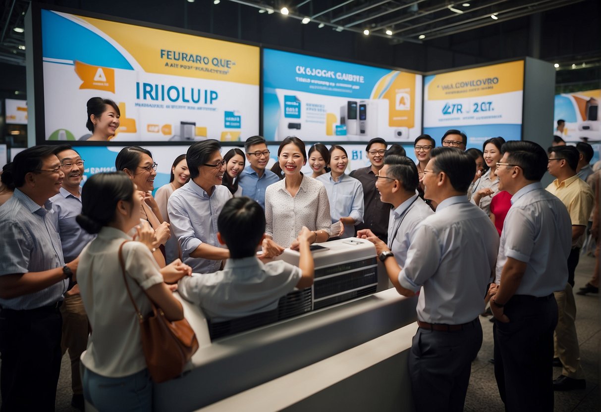 A group of people in Singapore excitedly gather around a promotional display for air conditioning units, featuring banners and posters highlighting special deals and discounts