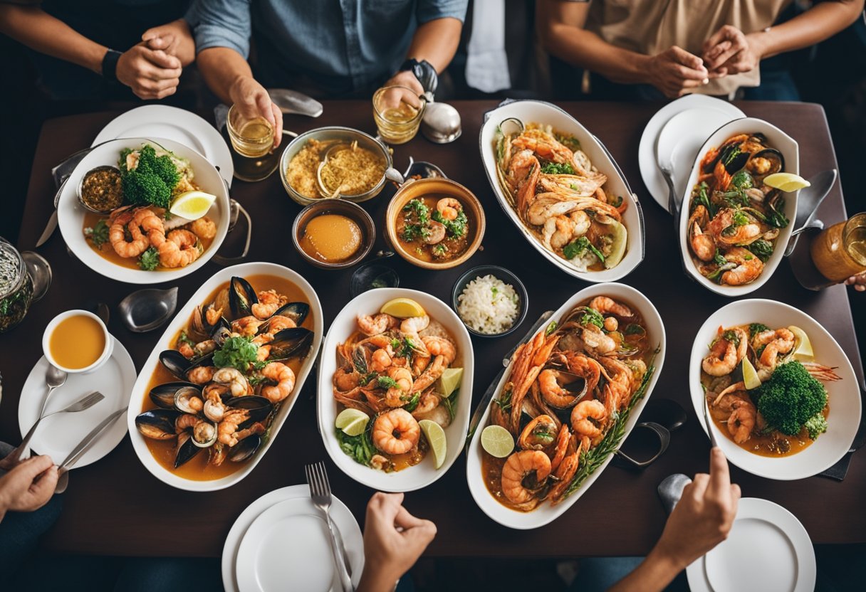 A table adorned with colorful cajun-style seafood dishes, surrounded by eager diners in a bustling Singapore restaurant