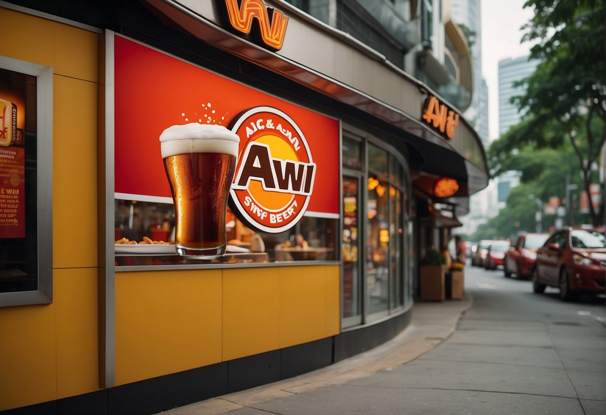 Bright red and yellow A&W signage against a bustling Singapore street backdrop. Outdoor seating and iconic root beer mugs visible