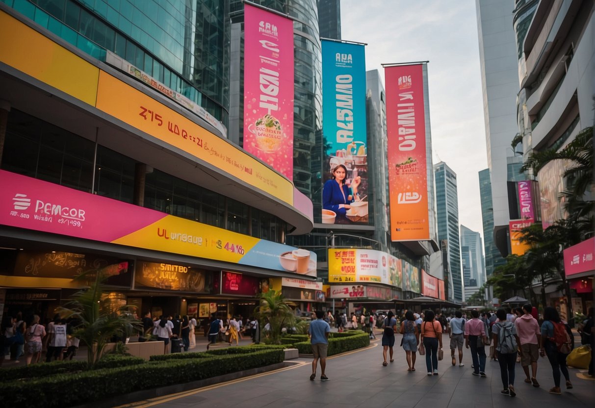 Brightly colored banners and signs promoting ongoing promotions in Singapore