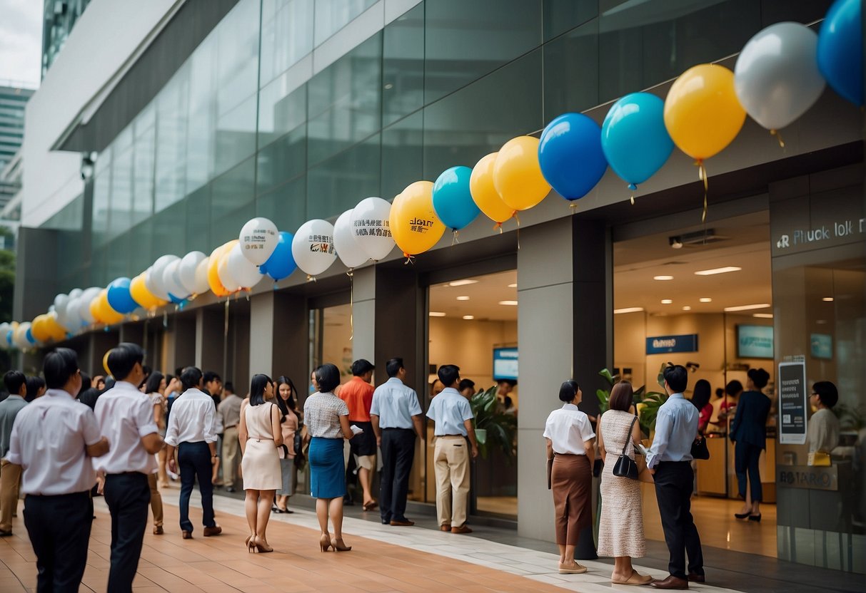 A vibrant bank branch with balloons, banners, and promotional signs. Customers eagerly line up to take advantage of deposit promotions in Singapore
