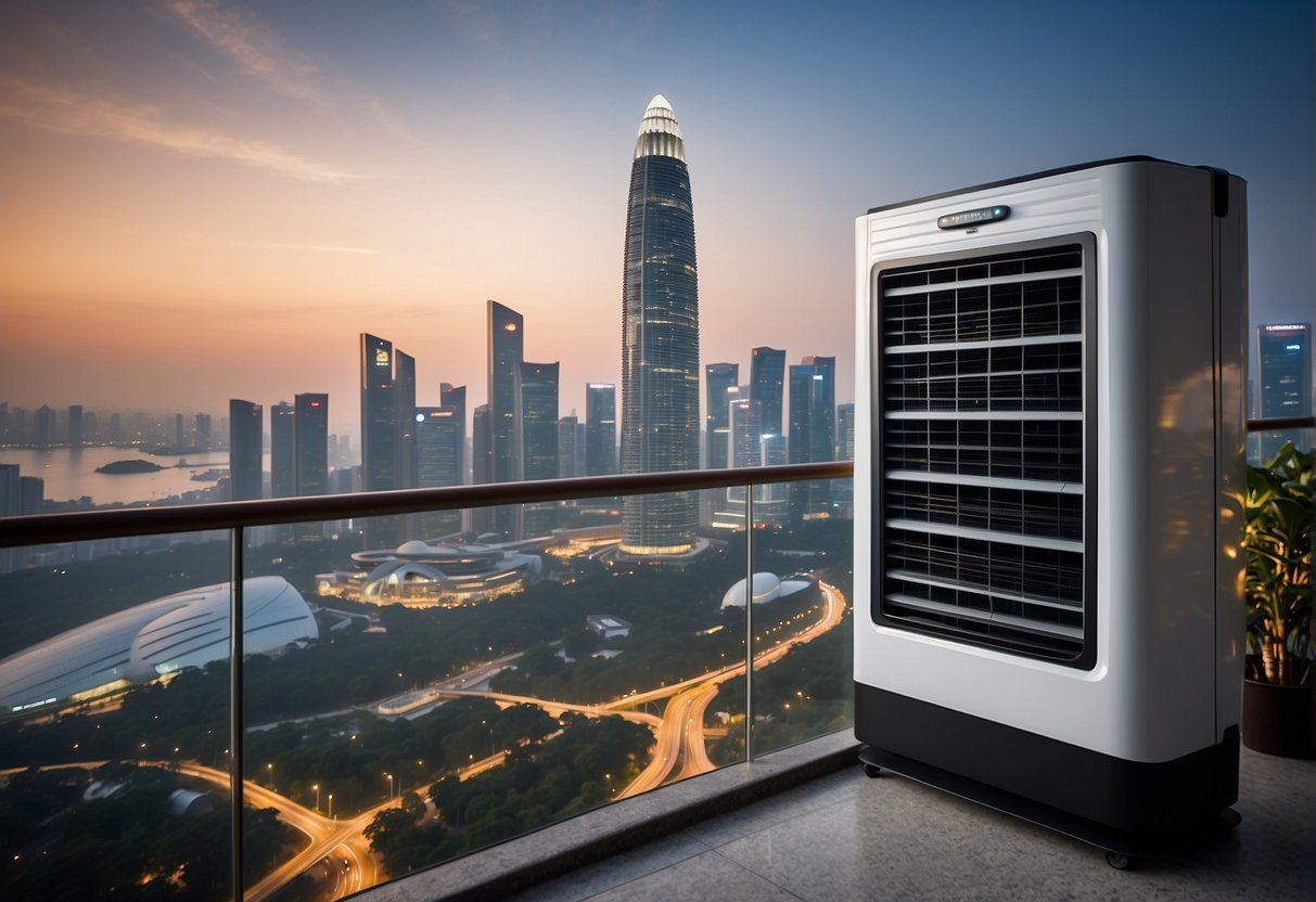 A sleek, modern air conditioning unit stands against a backdrop of the iconic Singapore skyline, with the words "Exclusive 2024 Aircon Promotions" displayed prominently