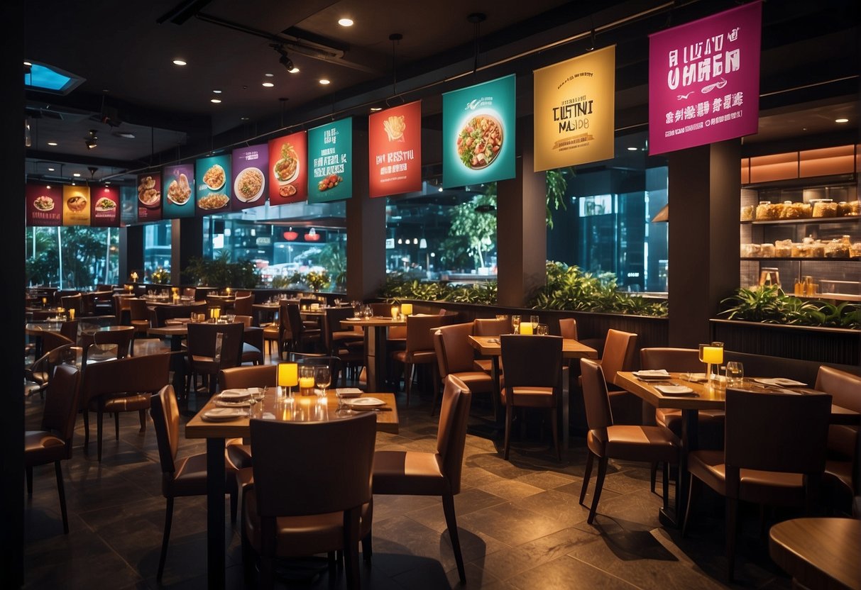A bustling restaurant in Singapore displays colorful promotional banners and signs to attract customers. Tables are adorned with enticing menus and discount offers