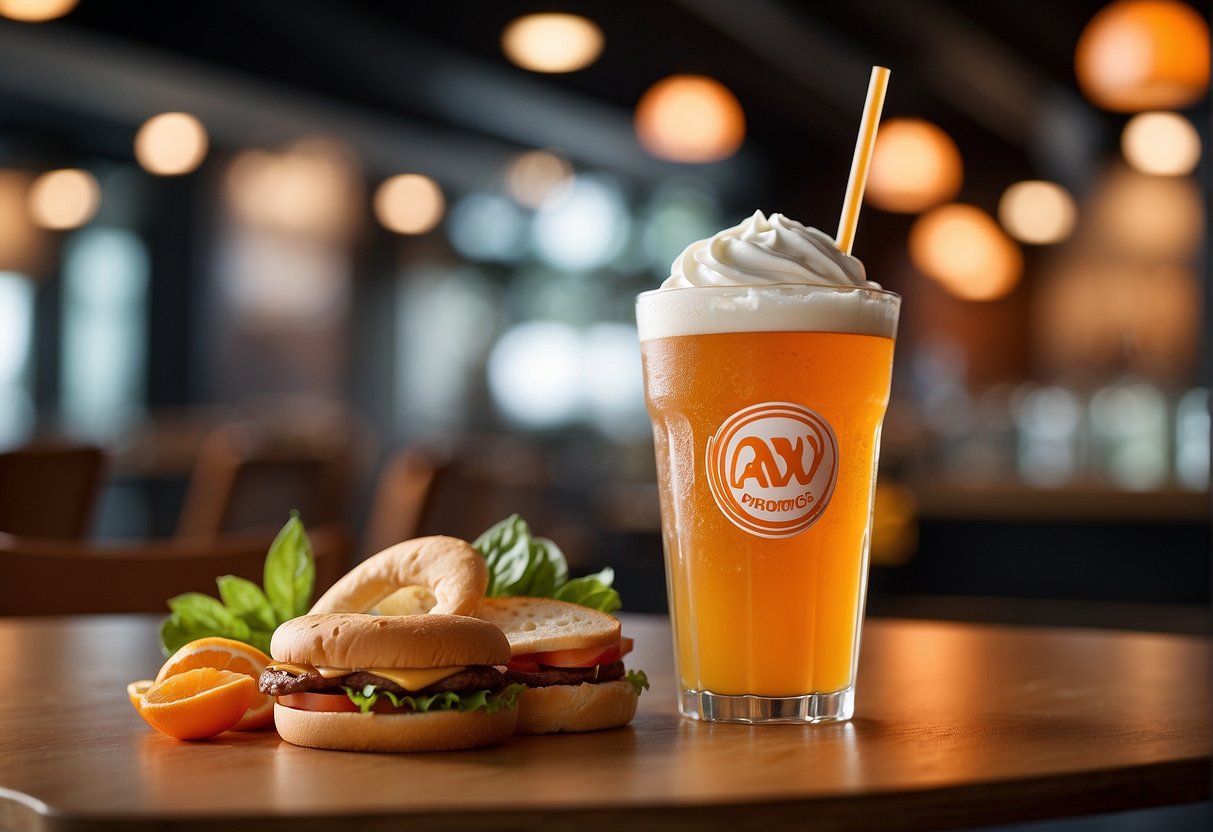 A&W promotions in Singapore: A refreshing drink and a delicious bite displayed on a table, with promotional signage in the background