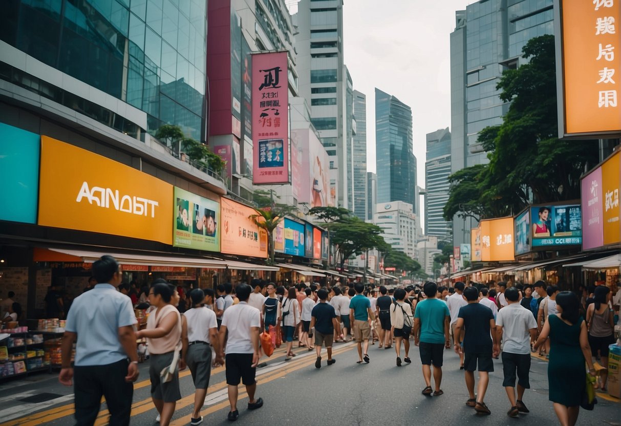 A busy street in Singapore with colorful banners and signs promoting AIBI products, surrounded by bustling shops and pedestrians