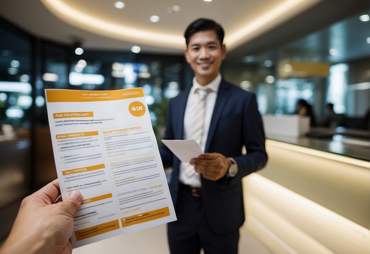 A bank teller presents promotional flyers for fixed deposit offers in Singapore
