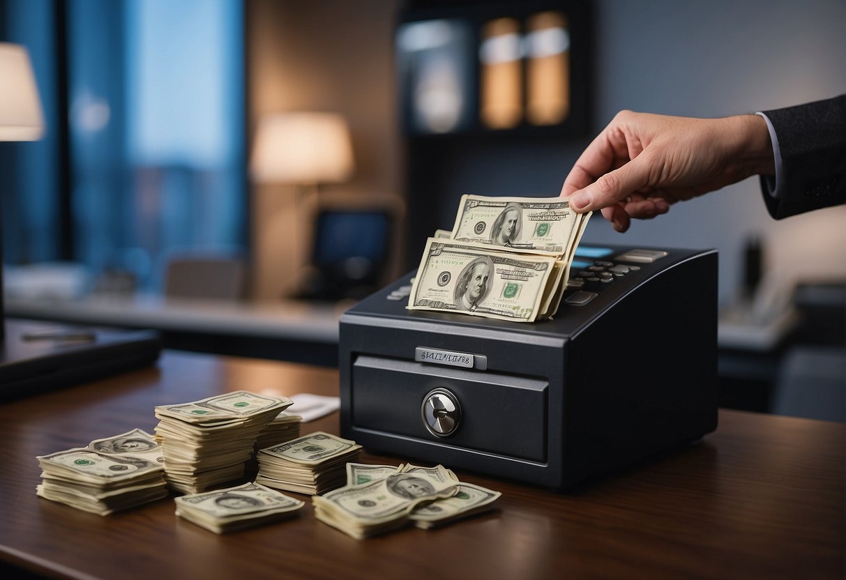 A bank teller is placing a stack of cash into a safe, while a banner displaying "Latest Promotions Overview" hangs in the background