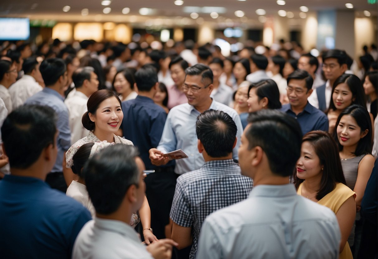A crowded room with people holding brochures, pointing to air con units, and talking to sales representatives at a promotional event in Singapore