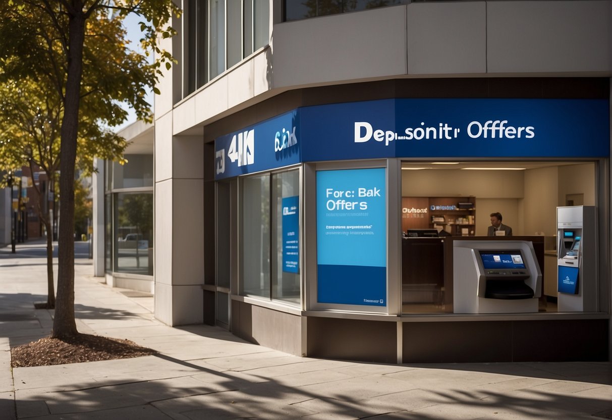 A brightly lit bank branch with a large promotional banner displaying attractive deposit offers. Customers eagerly inquire at the teller windows