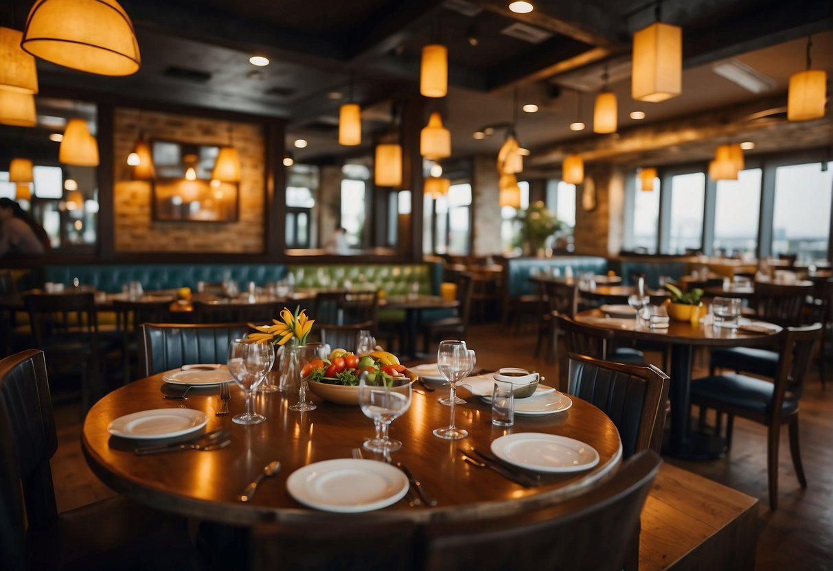 The restaurant buzzes with excitement as sizzling dishes are showcased on tables, and colorful promotional signs adorn the walls