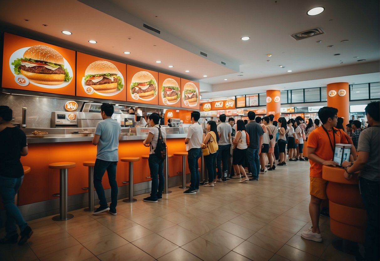 A bustling A&W promotions event in Singapore, with people lining up for deals and enjoying the iconic fast food