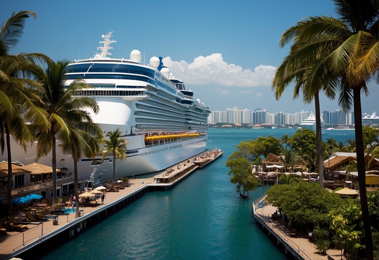 A vibrant city skyline with a luxurious cruise ship docked at the harbor, surrounded by palm trees and sparkling blue waters. A banner displaying "Royal Caribbean Promotions Singapore" hangs from the ship's deck