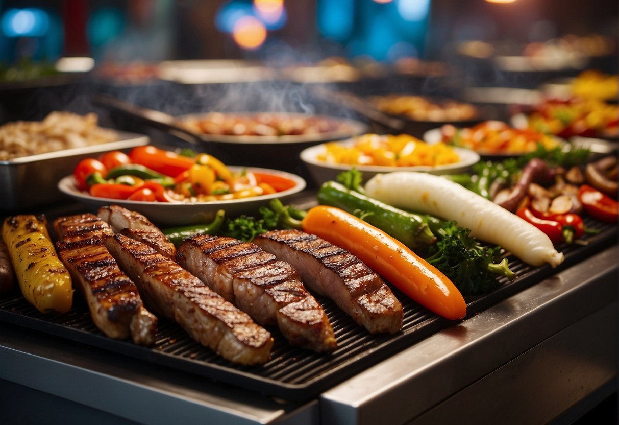 A colorful array of sizzling meats and grilled vegetables are displayed on a buffet table, surrounded by vibrant signage advertising BBQ promotions in Singapore