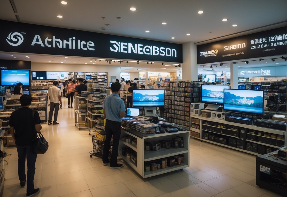 A busy Singaporean electronics store with customers browsing and staff assisting. Promotional banners and displays highlight Abenson products