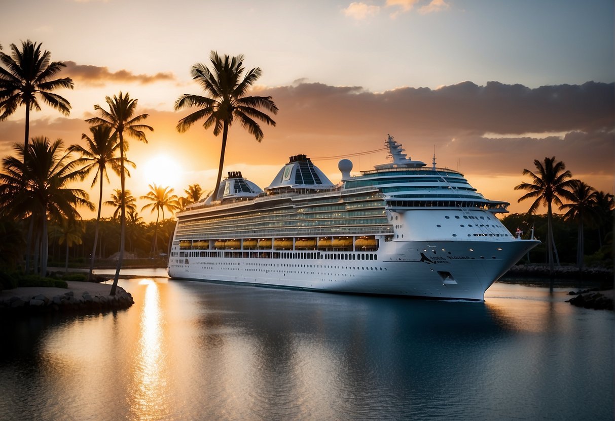 A cruise ship sailing through the sparkling waters, with the iconic Royal Caribbean logo prominently displayed on the side of the ship. The ship is surrounded by palm trees and a beautiful sunset in the background