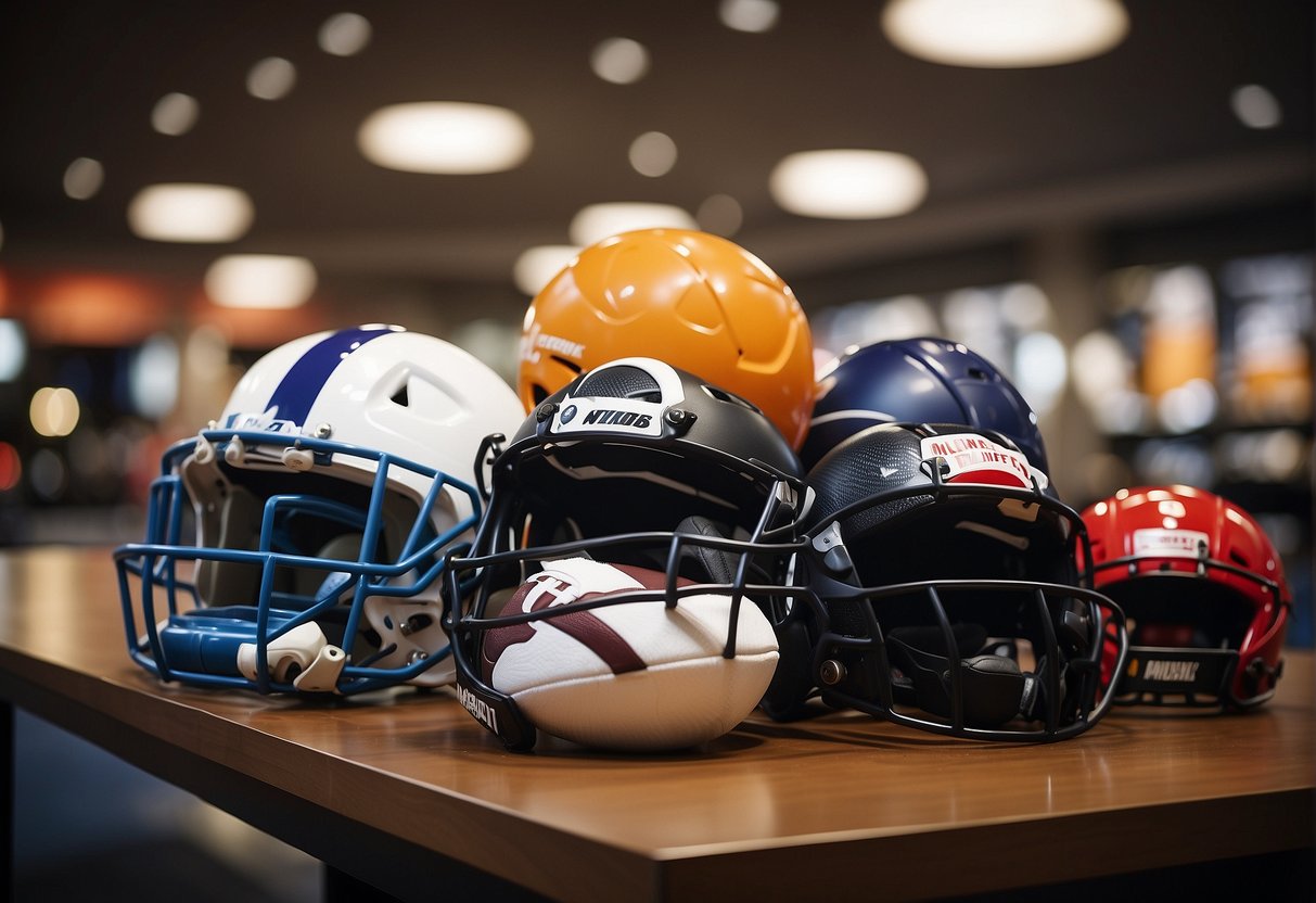 A table displays various sports equipment with promotional signs