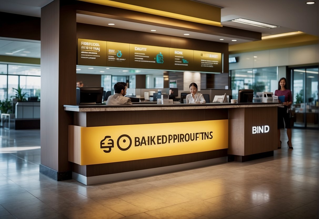A bank branch with prominent "Fixed Deposit Promotions" signage and customers inquiring at the counter